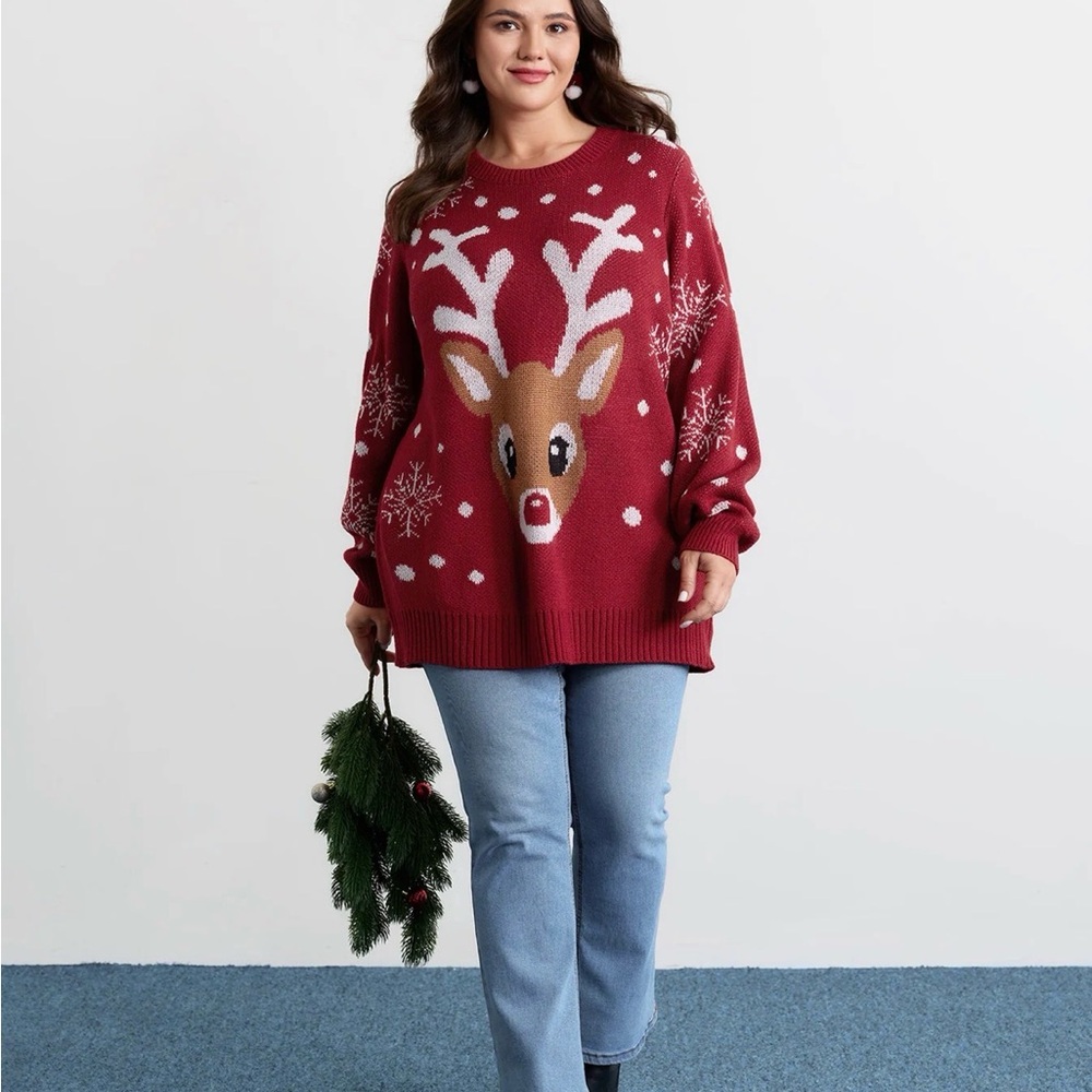 Bloomchic Deer Snowflake Pattern Jacquard Pullover (Crimson)